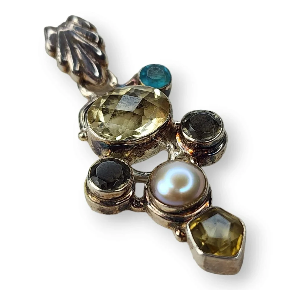 Vintage Pendant Sterling Silver 925 Citrine Topaz Aquamarine Pearl Gem